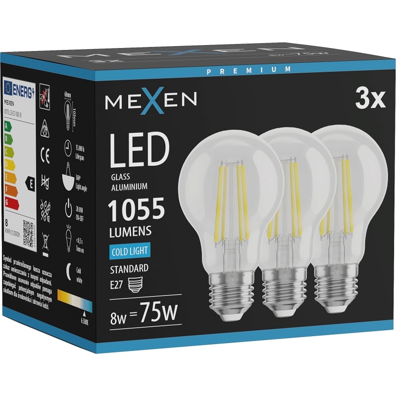 Mexen Vintis 3x LED филтърна крушка E27, A60, 8W, Студена - 6500K, 1055 lm, чиста