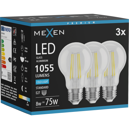 Mexen Vintis 3x LED филтърна крушка E27, A60, 8W, Студена - 6500K, 1055 lm, чиста