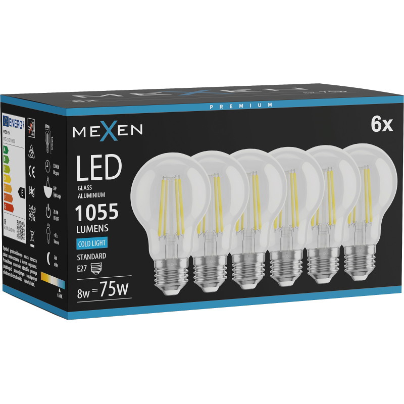 Mexen Vintis 6x LED Филамент крушка E27, A60, 8W, Студена - 6500K, 1055 lm, прозрачна