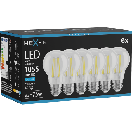 Mexen Vintis 6x LED Филамент крушка E27, A60, 8W, Студена - 6500K, 1055 lm, прозрачна