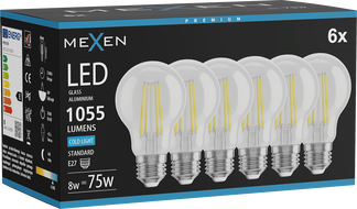 Mexen Vintis 6x LED Филамент крушка E27, A60, 8W, Студена - 6500K, 1055 lm, прозрачна