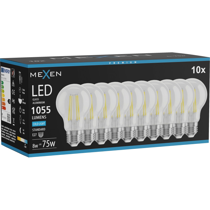 Mexen Vintis 10x LED филаментна крушка E27, A60, 8W, студено - 6500K, 1055 lm, прозрачна