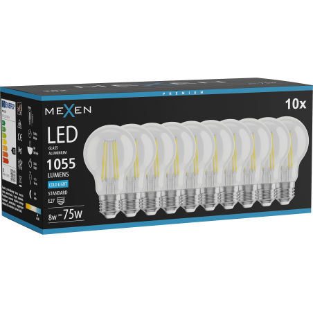 Mexen Vintis 10x LED филаментна крушка E27, A60, 8W, студено - 6500K, 1055 lm, прозрачна