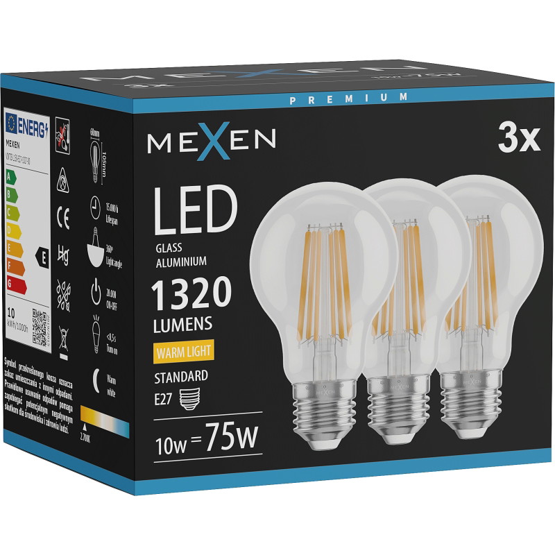 Mexen Vintis 3x LED филаментна крушка E27, A60, 10W, Топъл - 2700K, 1320 lm, прозрачен