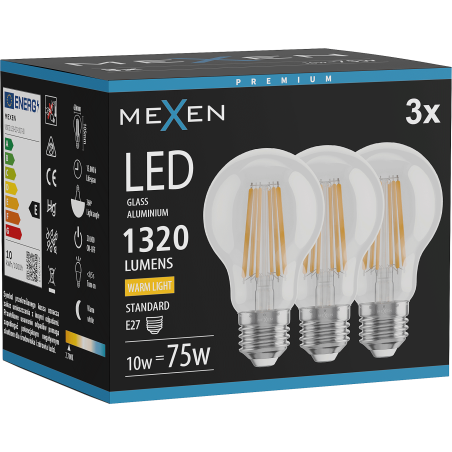 Mexen Vintis 3x LED филаментна крушка E27, A60, 10W, Топъл - 2700K, 1320 lm, прозрачен