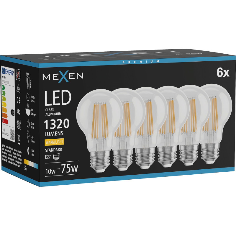 Mexen Vintis 6x LED крушка на нажежаема жичка E27, A60, 10W, Топла - 2700K, 1320 lm,