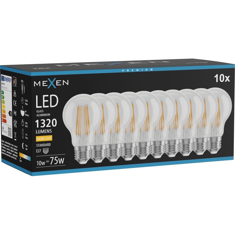 Mexen Vintis 10x LED крушка с нажежаема жичка E27, A60, 10W, Топла - 2700K, 1320 lm,