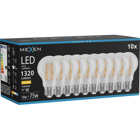 Mexen Vintis 10x LED крушка с нажежаема жичка E27, A60, 10W, Топла - 2700K, 1320 lm,