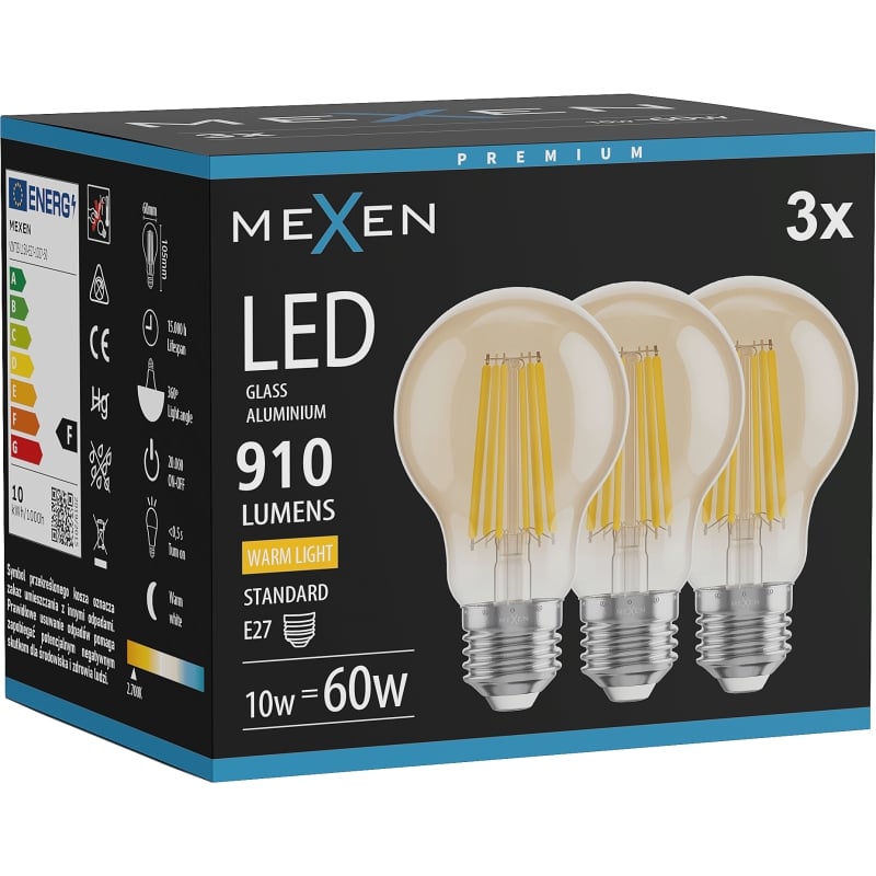 Mexen Vintis 3x LED нажежаема жичка E27, A60, 10W, Топла - 2700K, 910 lm, кехлибар
