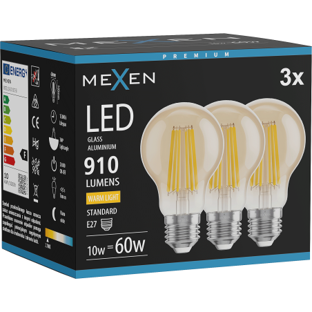 Mexen Vintis 3x LED нажежаема жичка E27, A60, 10W, Топла - 2700K, 910 lm, кехлибар