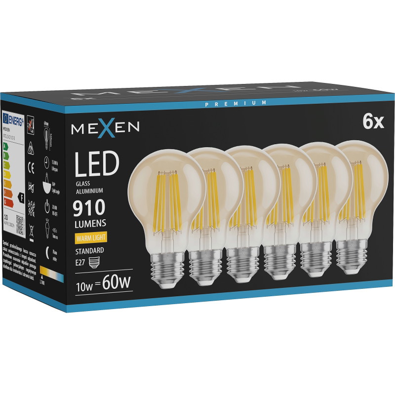 Mexen Vintis 6x LED филамент крушка E27, A60, 10W, Топла - 2700K, 910 lm, кехлибарена