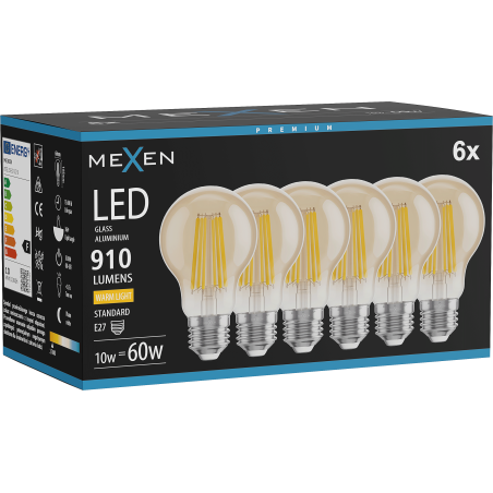 Mexen Vintis 6x LED филамент крушка E27, A60, 10W, Топла - 2700K, 910 lm, кехлибарена