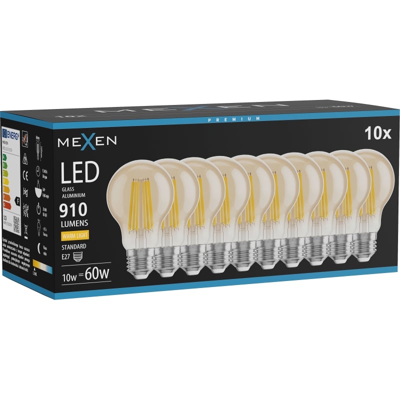 Mexen Vintis 10x LED филамент крушка E27, A60, 10W, Топла - 2700K, 910 lm, кехлибарена
