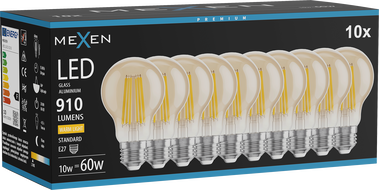 Mexen Vintis 10x LED филамент крушка E27, A60, 10W, Топла - 2700K, 910 lm, кехлибарена