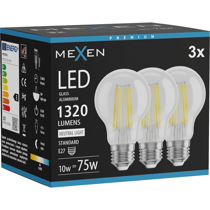 Mexen Vintis 3x LED нажежаема крушка E27, A60, 10W, Неутрален - 4000K, 1320 lm, прозрачен