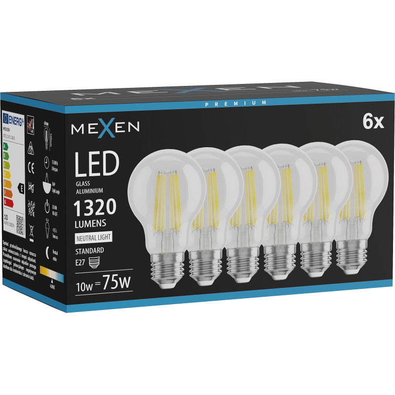 Mexen Vintis 6x LED филамент крушка E27, A60, 10W, неутрална - 4000K, 1320 lm, прозрачна