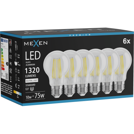 Mexen Vintis 6x LED филамент крушка E27, A60, 10W, неутрална - 4000K, 1320 lm, прозрачна