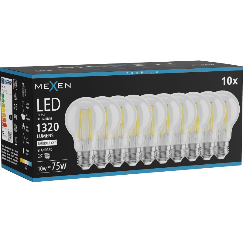 Mexen Vintis 10x LED филамент крушка E27, A60, 10W, неутрална - 4000K, 1320 lm, прозрачна