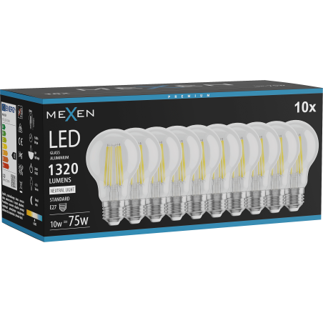 Mexen Vintis 10x LED филамент крушка E27, A60, 10W, неутрална - 4000K, 1320 lm, прозрачна
