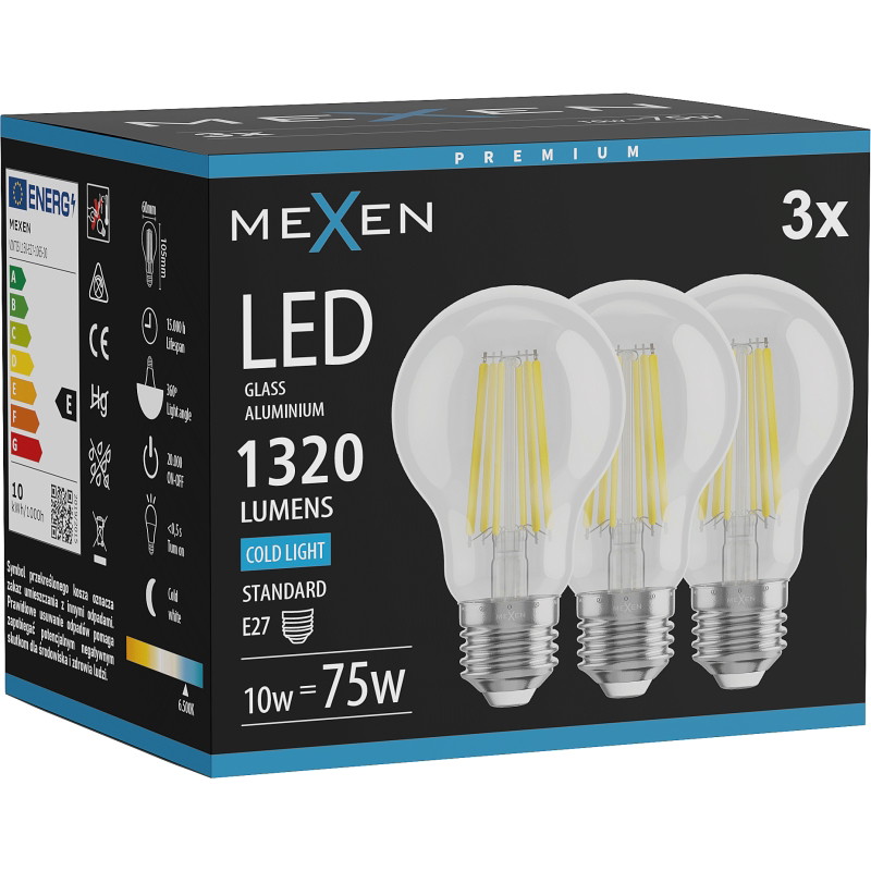 Mexen Vintis 3x светодиодна филаментна крушка E27, A60, 10W, Студена - 6500K, 1320 lm,
