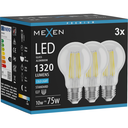 Mexen Vintis 3x светодиодна филаментна крушка E27, A60, 10W, Студена - 6500K, 1320 lm,