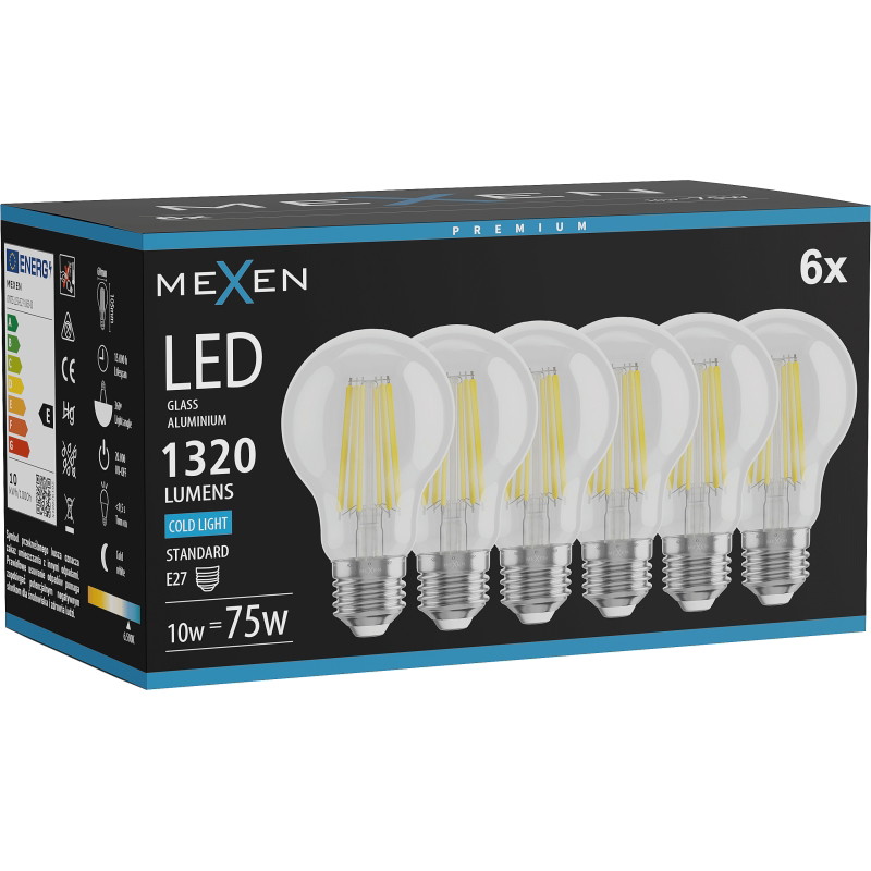 Mexen Vintis 6x LED филамент крушка E27, A60, 10W, Студена - 6500K, 1320 lm, прозрачна