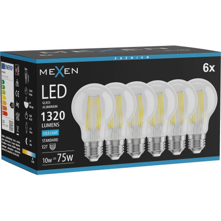 Mexen Vintis 6x LED филамент крушка E27, A60, 10W, Студена - 6500K, 1320 lm, прозрачна