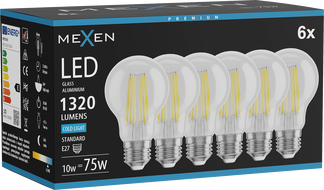 Mexen Vintis 6x LED филамент крушка E27, A60, 10W, Студена - 6500K, 1320 lm, прозрачна