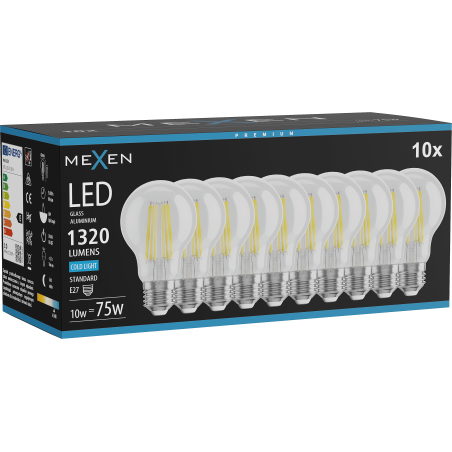 Mexen Vintis 10x LED филтър крушка E27, A60, 10W, Студена - 6500K, 1320 lm, прозрачна
