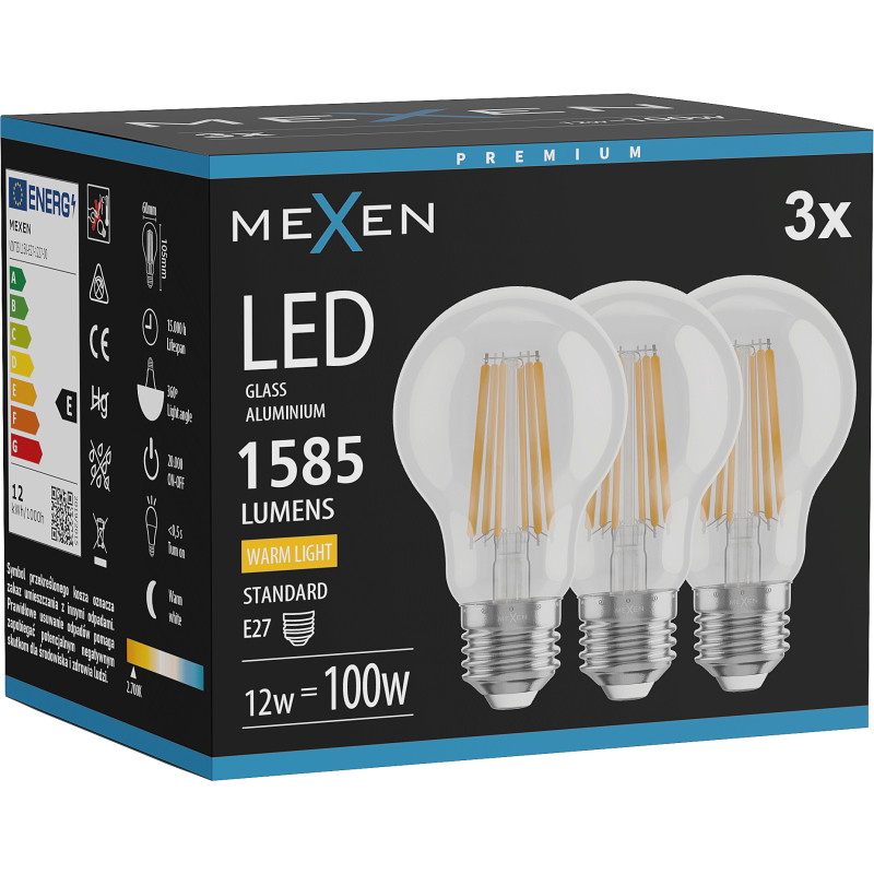 Mexen Vintis 3x LED крушка с нажежаема жичка E27, A60, 12W, Топла - 2700K, 1585 lm, прозрачна