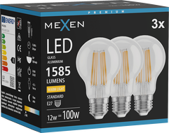 Mexen Vintis 3x LED крушка с нажежаема жичка E27, A60, 12W, Топла - 2700K, 1585 lm, прозрачна