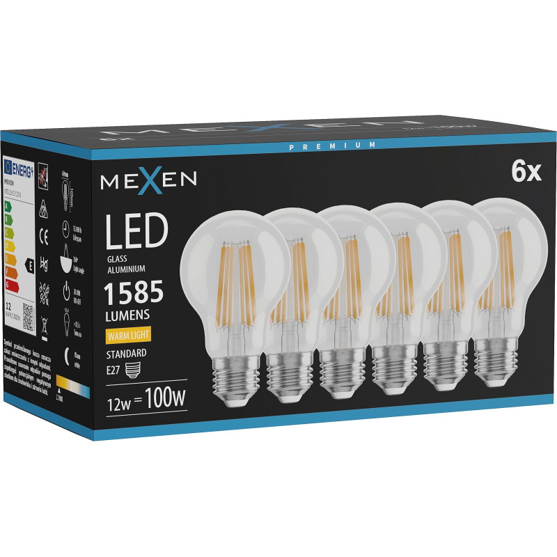Mexen Vintis 6x LED нажежаема крушка с нажежаема жичка E27, A60, 12W, Топла - 2700K, 1585 lm,