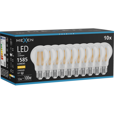 Mexen Vintis 10x LED нажежаема жичка крушка E27, A60, 12W, Топла - 2700K, 1585 lm, прозрачна