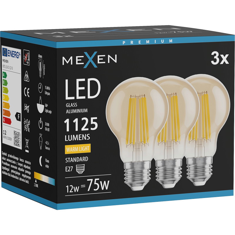 Mexen Vintis 3x LED филамент крушка E27, A60, 12W, Топъл - 2700K, 1125 lm, кехлибар