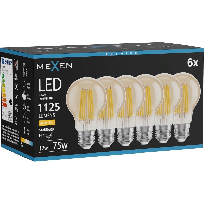 Mexen Vintis 6x LED крушка със светодиодни нишки E27, A60, 12W, Топла - 2700K, 1125 lm,