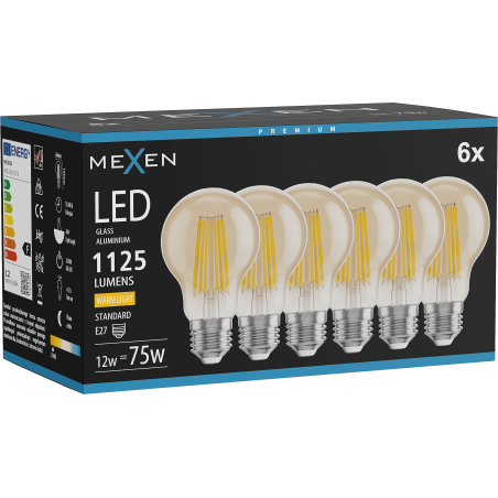 Mexen Vintis 6x LED крушка със светодиодни нишки E27, A60, 12W, Топла - 2700K, 1125 lm,