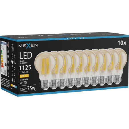 Mexen Vintis 10x LED крушка с нажежаема жичка E27, A60, 12W, Топла - 2700K, 1125 lm, кехлибар