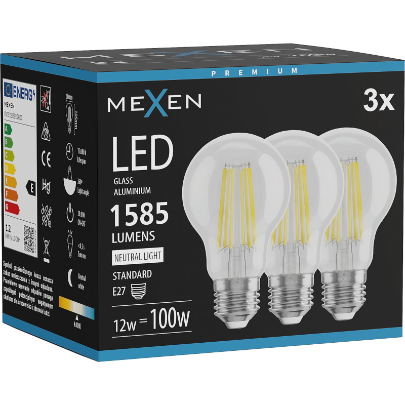 Mexen Vintis 3x LED филамент крушка E27, A60, 12W, Неутрална - 4000K, 1585 lm, прозрачно
