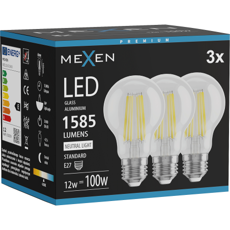 Mexen Vintis 3x LED филамент крушка E27, A60, 12W, Неутрална - 4000K, 1585 lm, прозрачно