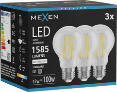Mexen Vintis 3x LED филамент крушка E27, A60, 12W, Неутрална - 4000K, 1585 lm, прозрачно