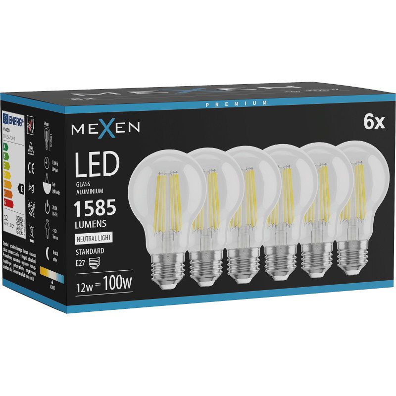 Mexen Vintis 6x LED крушка с нажежаема жичка E27, A60, 12W, Неутрална - 4000K, 1585 lm,