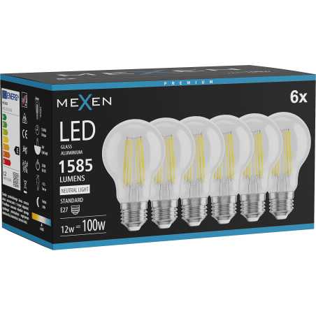 Mexen Vintis 6x LED крушка с нажежаема жичка E27, A60, 12W, Неутрална - 4000K, 1585 lm,