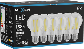 Mexen Vintis 6x LED крушка с нажежаема жичка E27, A60, 12W, Неутрална - 4000K, 1585 lm,