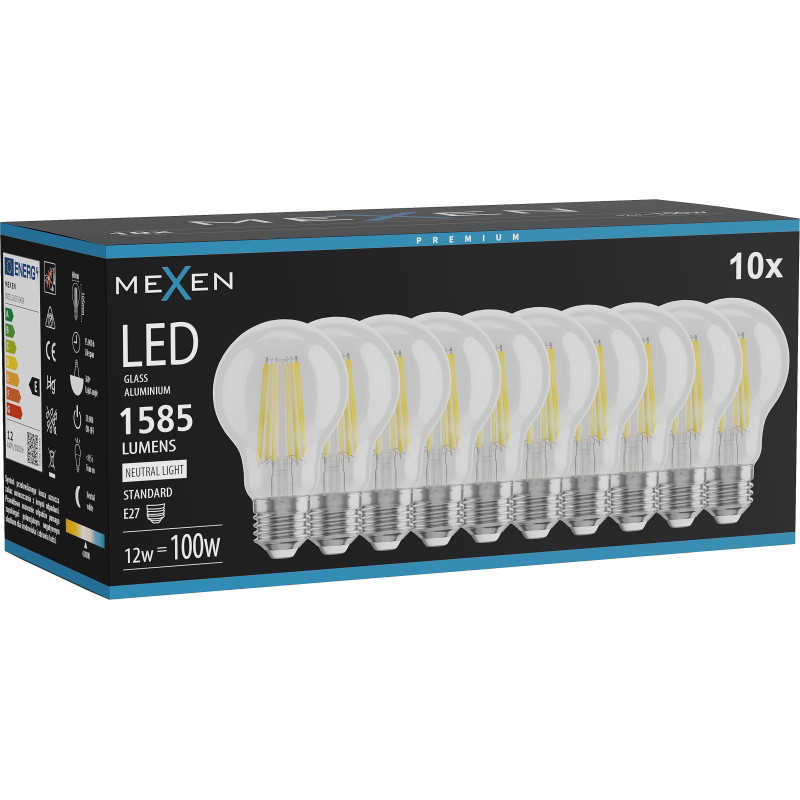 Mexen Vintis 10x LED нишка крушка E27, A60, 12W, Неутрална - 4000K, 1585 lm, прозрачен