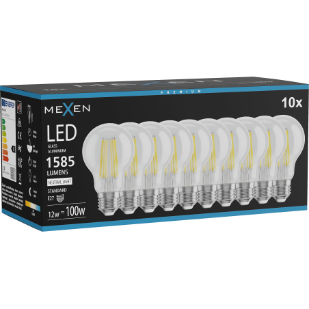 Mexen Vintis 10x LED нишка крушка E27, A60, 12W, Неутрална - 4000K, 1585 lm, прозрачен