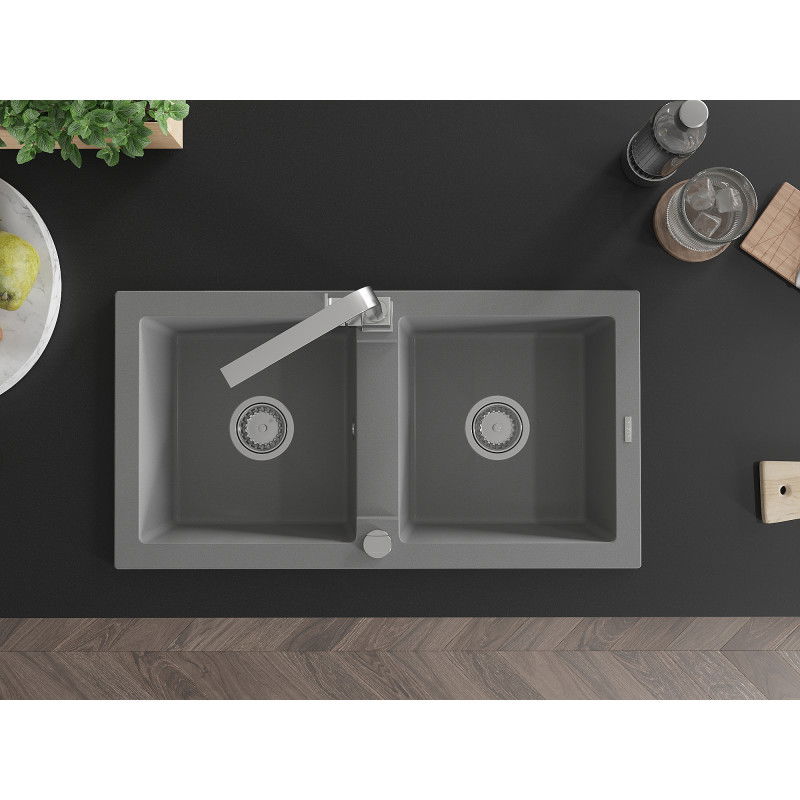 Mexen Mario двоен кухненски гранитен мивка с батерия Rita, сив - 6504-71-670300-00
