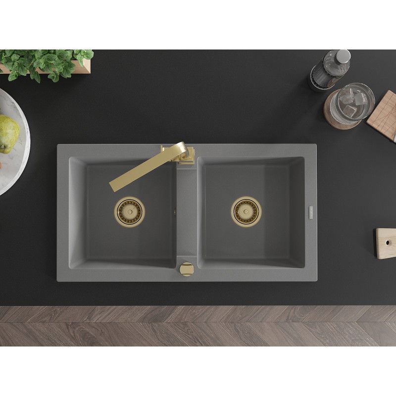 Mexen Mario двоен мивка от гранит с кухненски смесител Rita, сив - 6504-71-670300-50