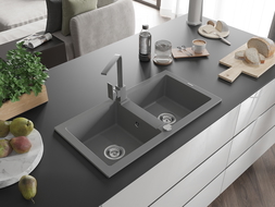 Mexen Mario гранитна мивка с две корита с кухненски смесител Rita, сив - 6504-71-670300-71