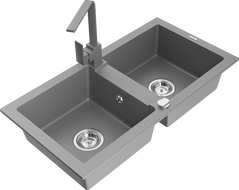 Mexen Mario гранитна мивка с две корита с кухненски смесител Rita, сив - 6504-71-670300-71