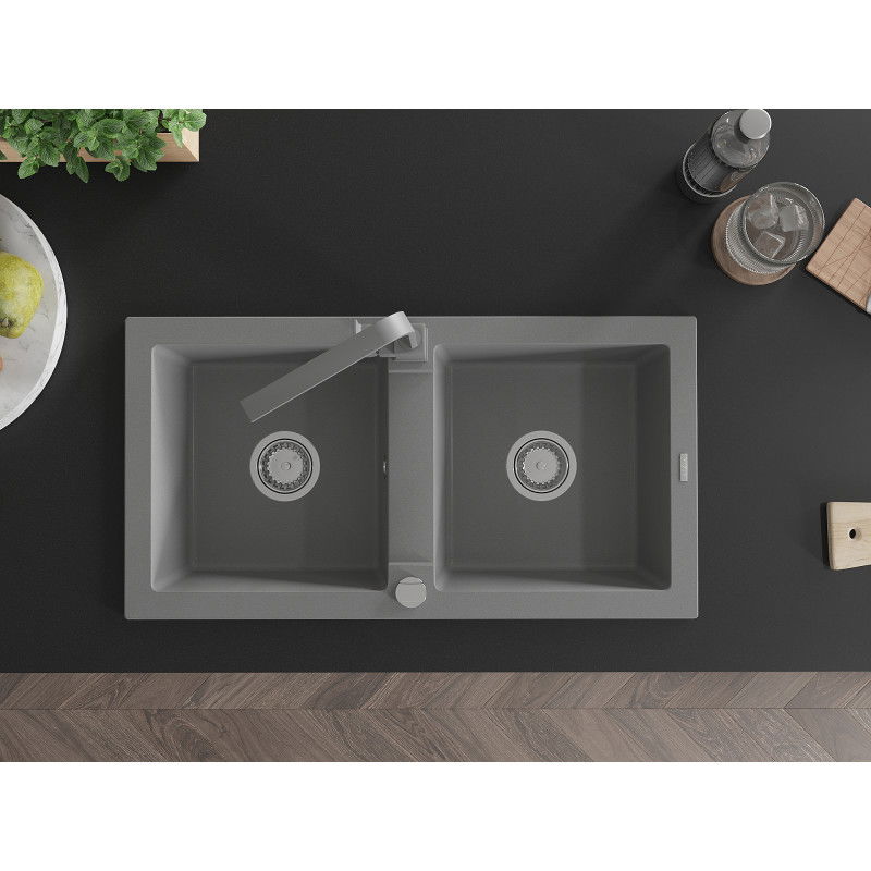 Mexen Mario гранитна мивка с две корита с кухненски смесител Rita, сив - 6504-71-670300-71